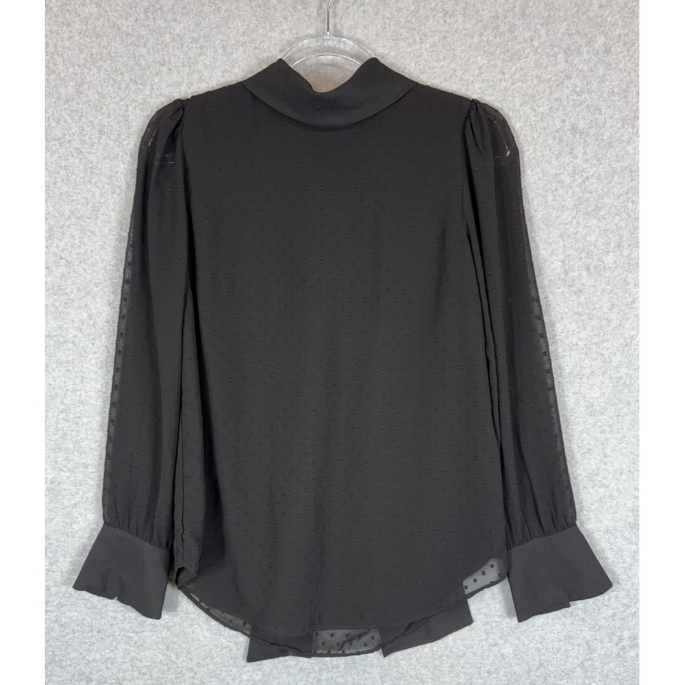 Ann Taylor Blouse Womens XS Black Swiss Dot Long Sleeve Tie Neck‎ Semi Sheer Top